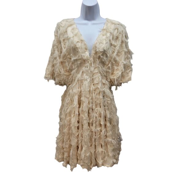 ASOS EDITION Textured Cinched Pleat Waist Mini Dress in stone Size 6 - Picture 2 of 12